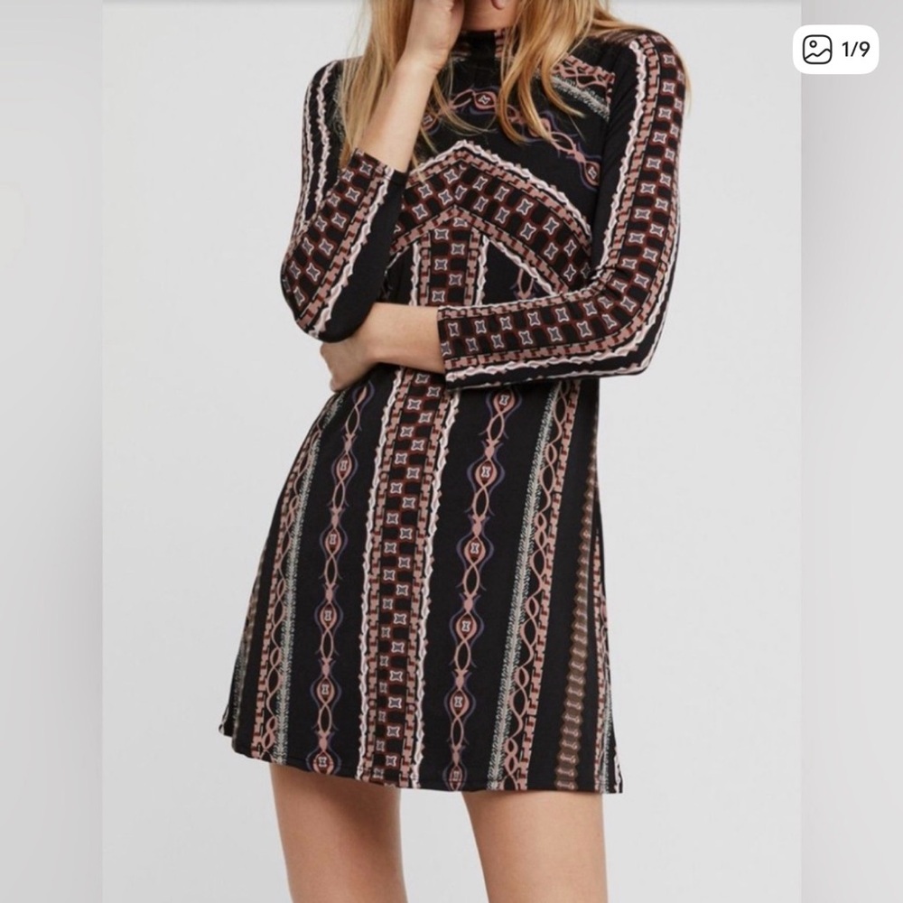 Free People Geometric Black and Pink Long Sleeve Dress